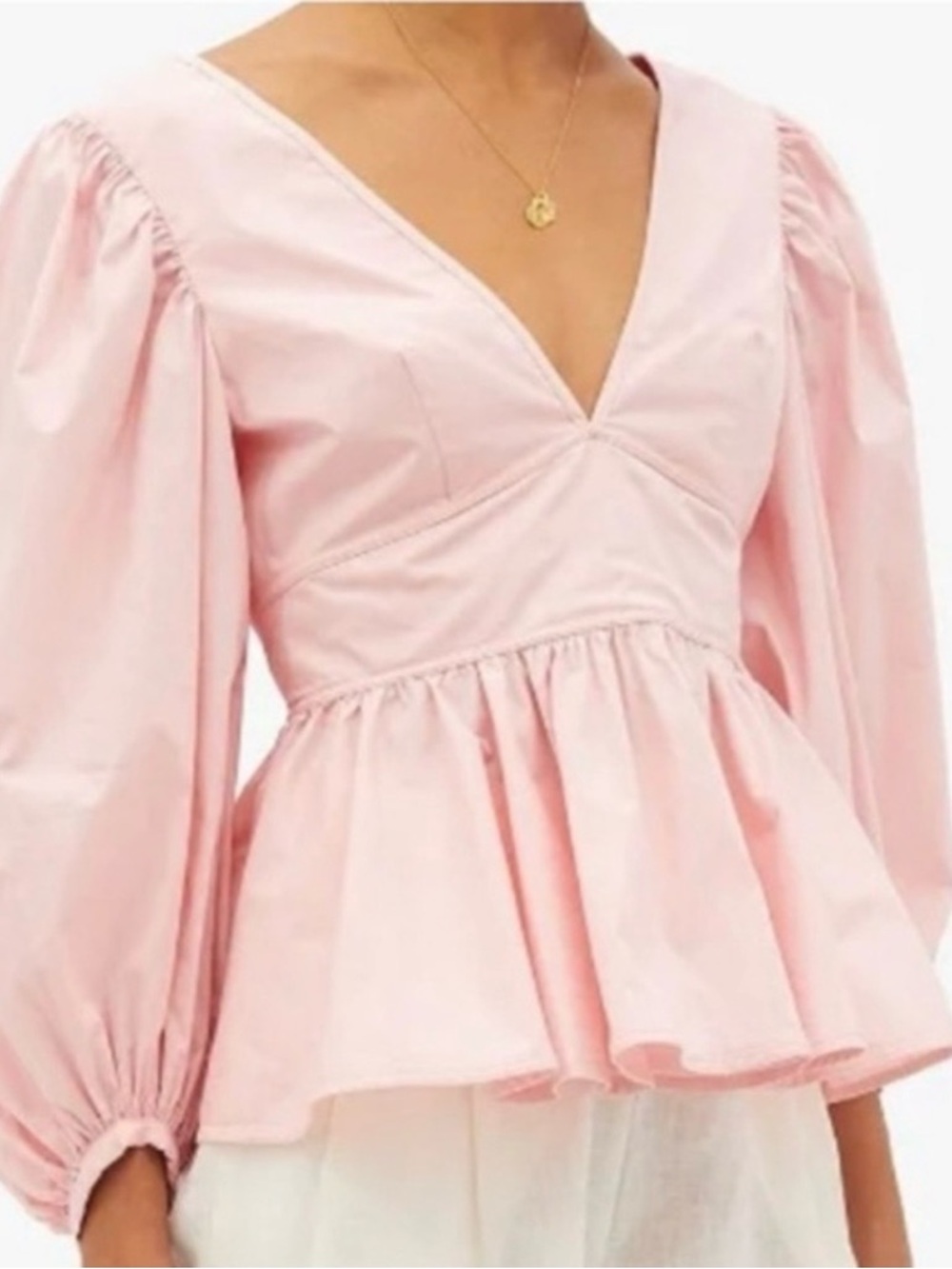 STAUD Pink Luna V-Neck Puff Sleeve Peplum Top